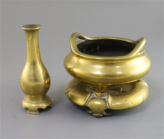 A Chinese polished bronze censer with stand and a similar bottle vase, 17th/18th century, censer 16cm diameter, vase 15.5cm high